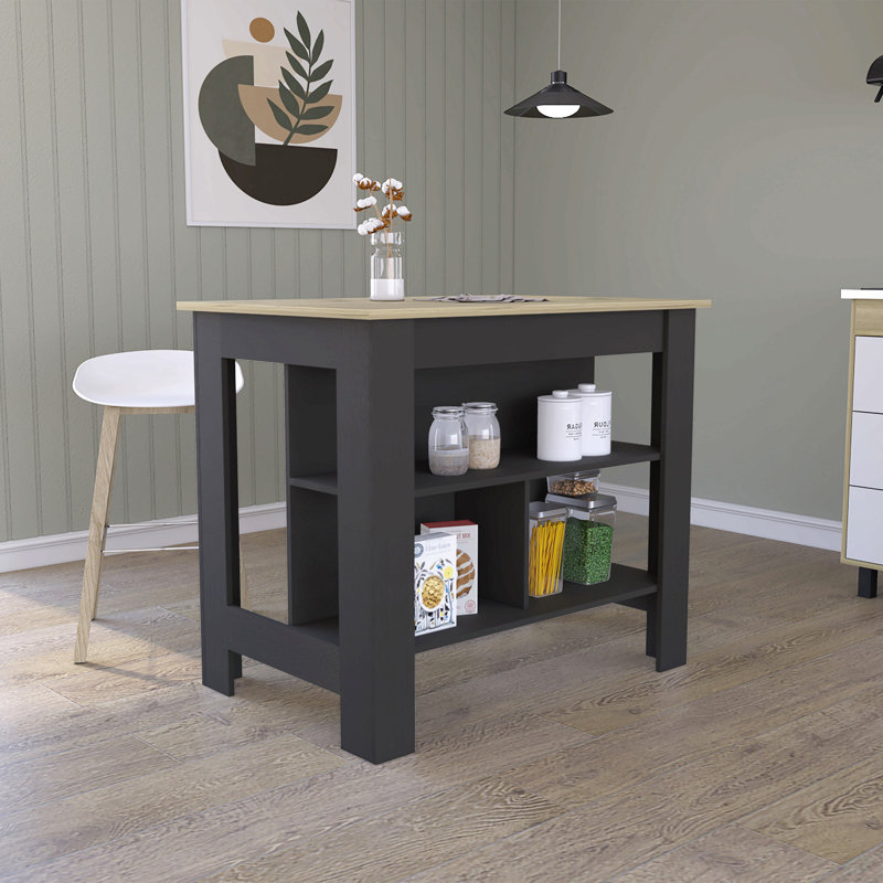 Cala Kitchen Island, Four Legs, Three Shelves, Black/Natural, 35.4" H x 40.5" W x 27.5" D