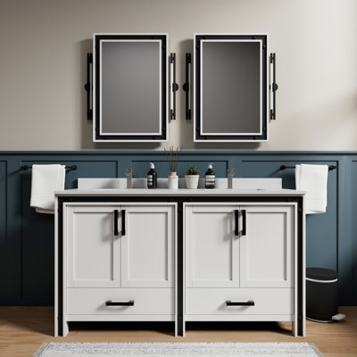 Meuble-lavabo blanc 60 po X P 22 po - Plateau en quartz, miroirs inclus, armoires à fermeture en douceur, espace de rangement intérieur spacieux de 60 po et 22 po avec portes en haut et en miroir, tiroirs spacieux
