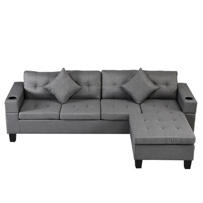 Canapé modulaire en faux lin gris avec méridienne et porte-gobelet pour 4 salons