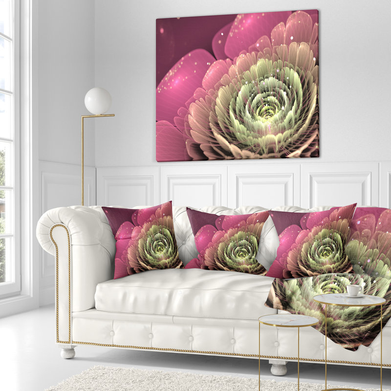 Fleur fractale rose et vert - coussin à imprimé floral, 16 po x 1 po, Coussin décoratif