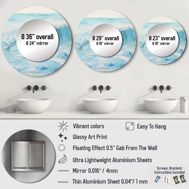 Blue And White Simplicity Beach - Waves Decorative Mirror, Coastal Round Wall Mirror, Printed Metal Art, 23" x 23"