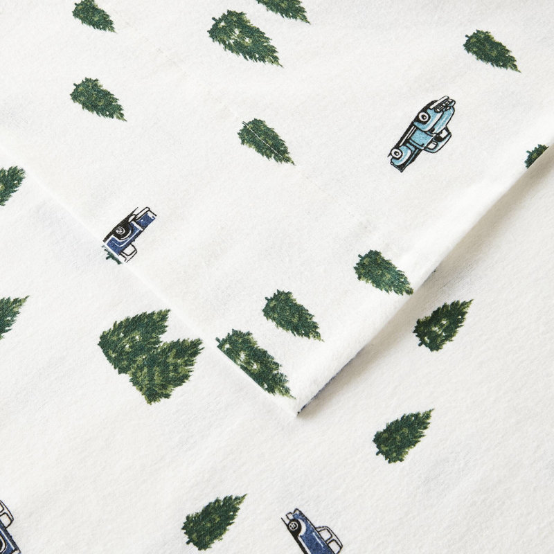 4 Pcs King Sheet With Trees & Trucks Design, 100% Cotton Flannel, Twin/Full Fitted Fits 12" Mattress, Soft Velvet Feel, Machine Washable, - For Better Coverage, Includes Pillowcases
