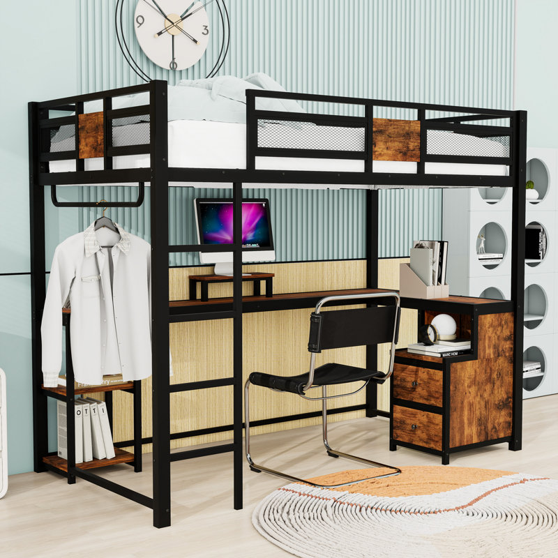 Lit mezzanine simple TG avec bureau et tablettes de rangement, tiroirs
