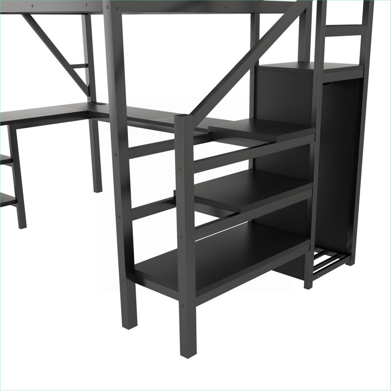 Lit mezzanine double tout-en-un pleine grandeur, fabrication en métal avec rangement, noir élégant avec bureau intégré et garde-robe