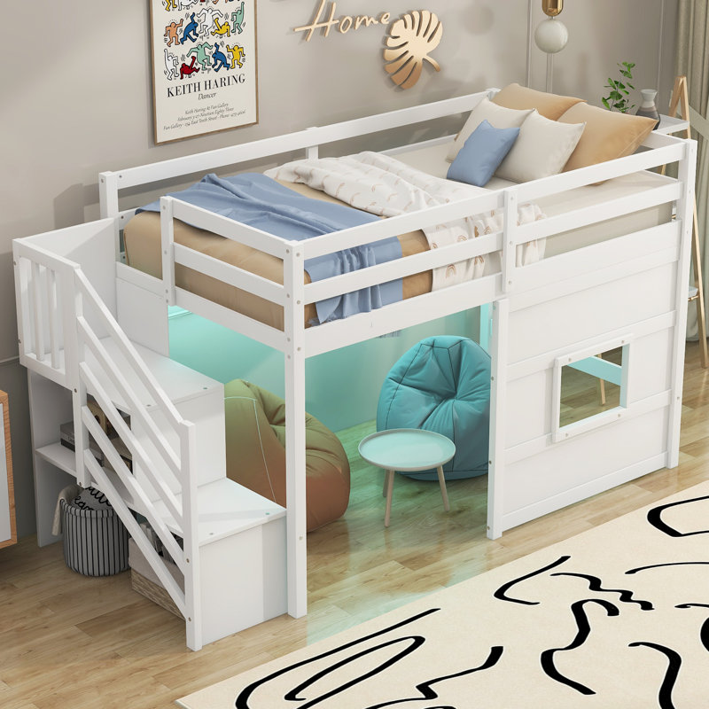 Twin Size Loft Bed with Storage Staircase and Window, White