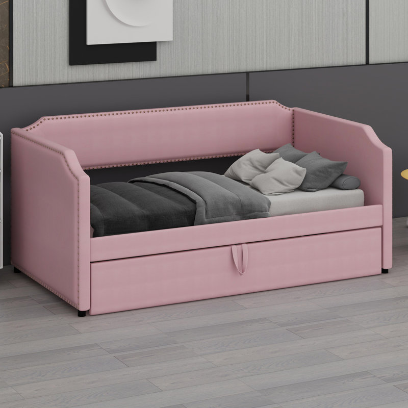 Lit de jour en velours avec lit gigogne, Rose