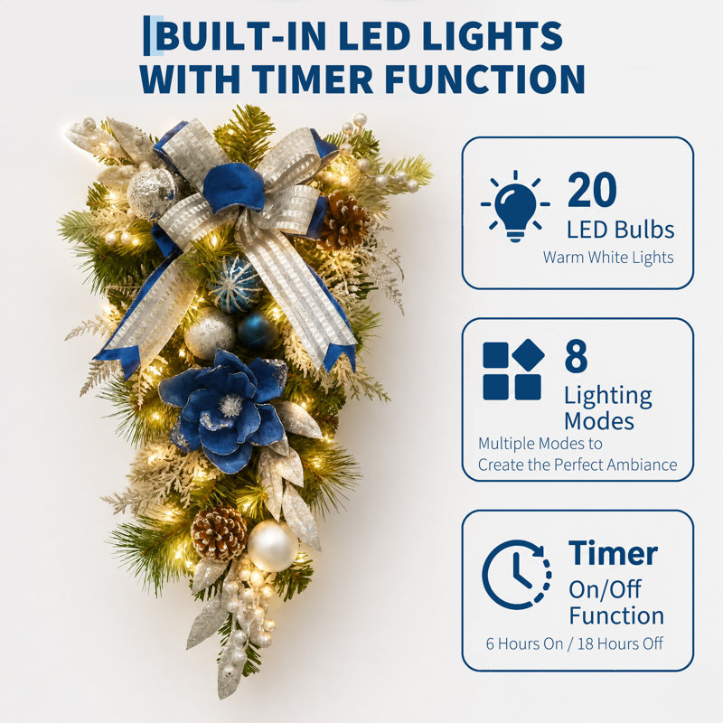 Guirlande lumineuse de Noël en forme de larme de 61 cm (24 po) avec minuterie et lumières DEL