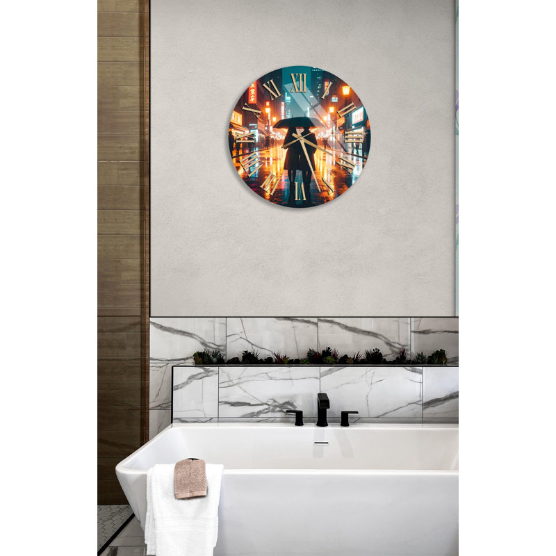 Horloge murale en verre trempé Cityscape, nuit romantique, conception de couple sous un parapluie, horloge ronde décorative, art mural moderne