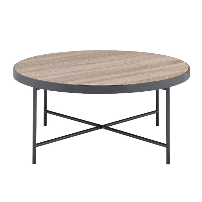 Round Coffee Table With Metal Frame And Weathered Gray Oak Top, Kd Assembly, Industrial Look For & End Tables In Home Trim Finish, 32 Inch Product Depth Width, 16 Height