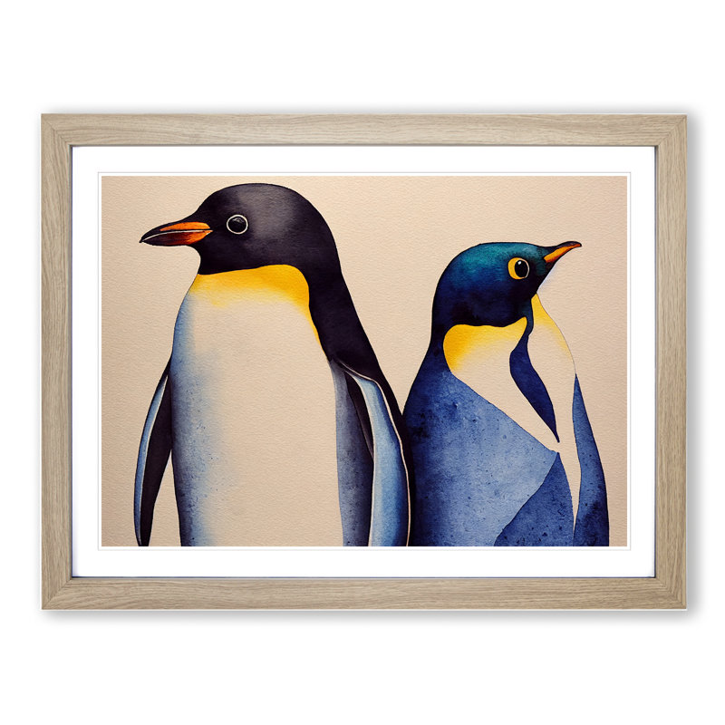 Watercolour Penguins - Single Picture Frame Print, 25cm H x 34cm W x 2cm D, Oak Framed
