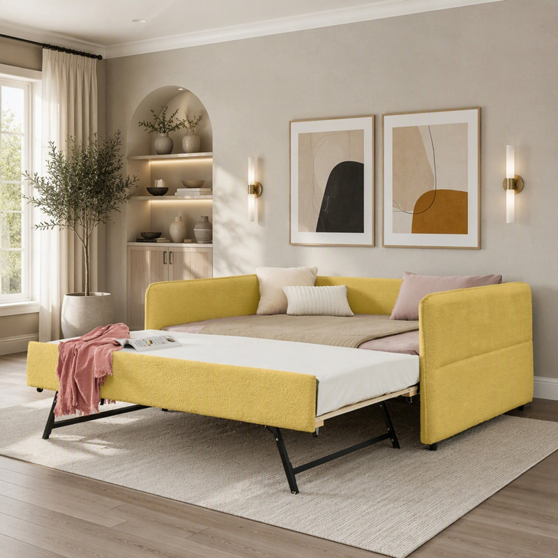 Divan-lit capitonné en tissu avec lit gigogne Boucle, Double, Jaune
