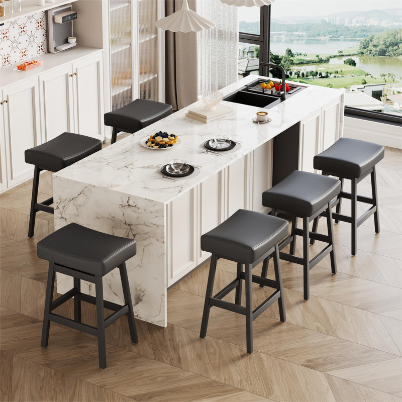 Ensemble de 6 tabourets de comptoir, tabourets de bar en bois massif avec siège rembourré en similicuir, tabourets de bar de cuisine sans dossier