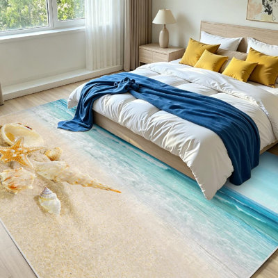 Blue Shells Sandy Beach Seashell Sea Summer Water Calm Coast Conch Day Exotic Machine Washable Indoor Area Rug