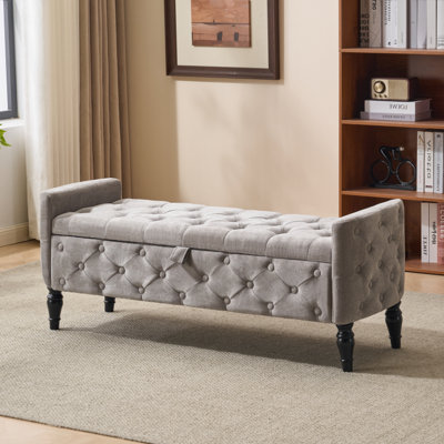 Repose-pieds Royal Windsor de 48 po avec rangement, banc de rangement capitonné avec charnière de sécurité, peut supporter jusqu'à 350 lb, pieds en bois noir, banc rembourré avec accoudoirs pour chambre à coucher, salon, entrée, lin gris clair