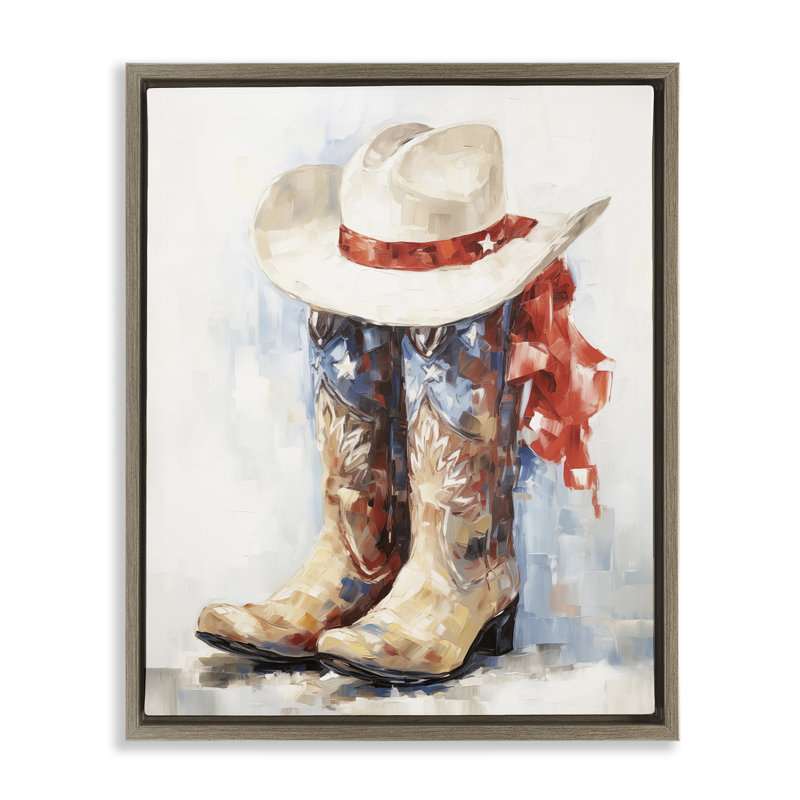 «Patriotic Cowboy bottes», art par Arlington Prints, H 21 po x l 17 po, Cadre flottant orme Montalcino