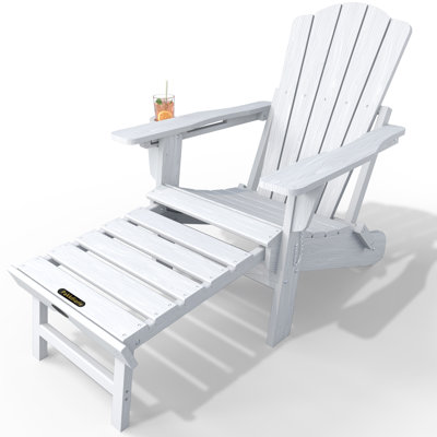 Pakkdiarie Folding Adirondack Chair with Retractable Ottoman, Outdoor HDPE Reclining Adirondack Chair with Cup Holder for Patios,Lawn,Backyard by Rosecliff Heights