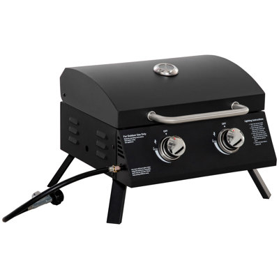 2 Burner Propane Gas Grill Outdoor Portable Tabletop BBQ With Foldable Legs, Lid, Thermometer For Camping, Picnic, Backyard -  Outsunny, 846-104V80BK