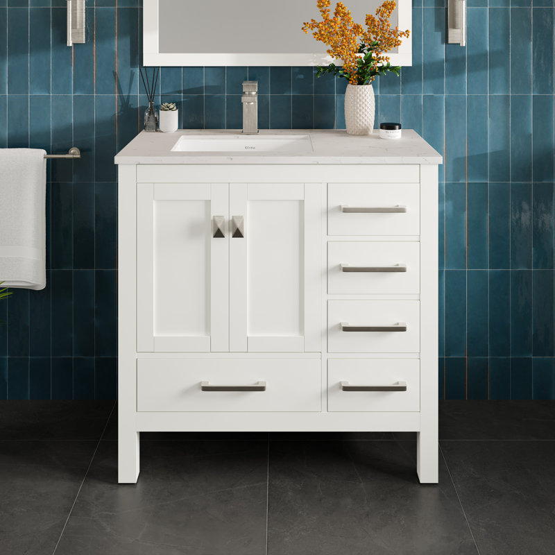 Eviva London 36"W x 18"D Bathroom Vanity with Undermount Porcelain Sink, White, Quartz - White Carrara