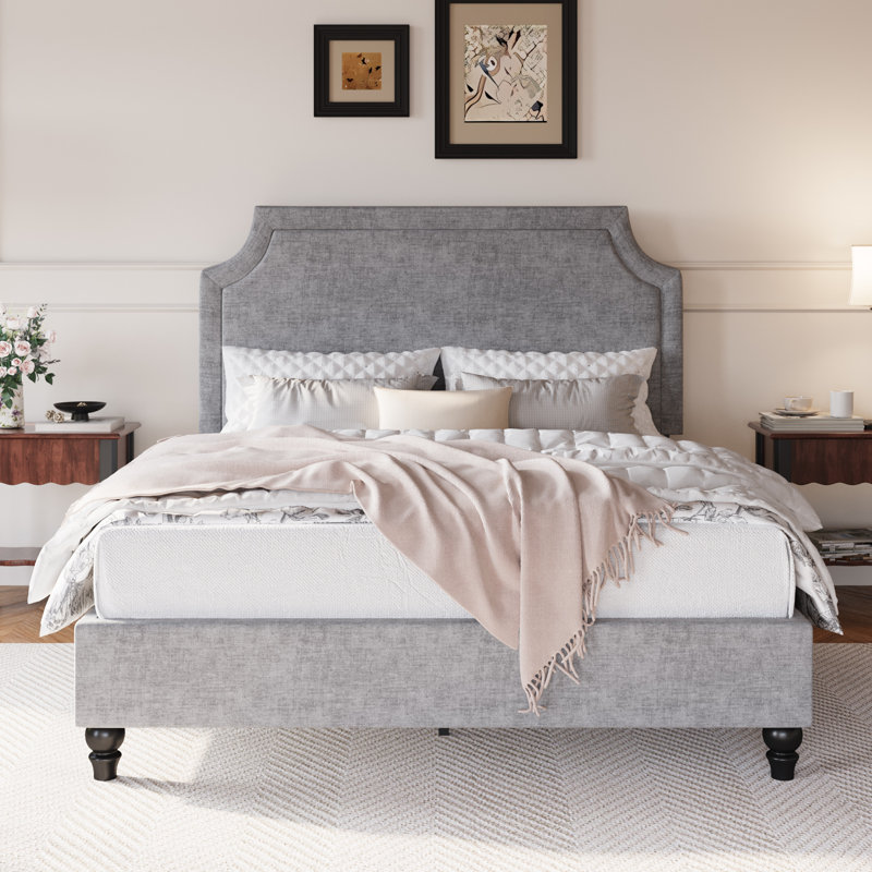 Modern Chenille Upholstered Bed With Adjustable Headboard & Solid Wood Legs, Gray, Queen