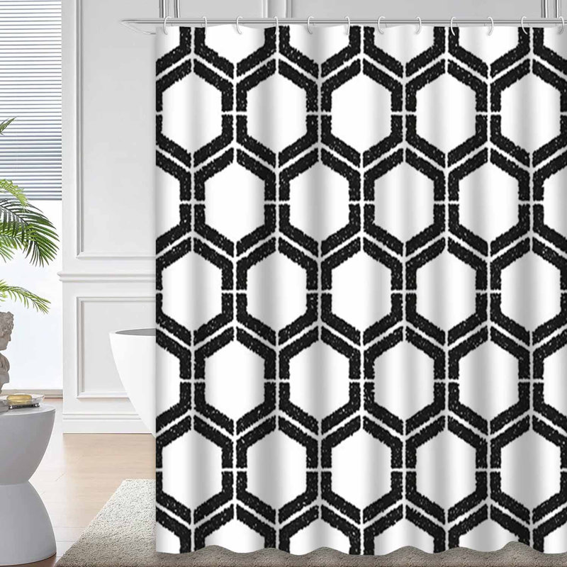 Rideau de douche à motif géométrique hexagonal blanc avec 12 crochets, L 72 po x l 72 po