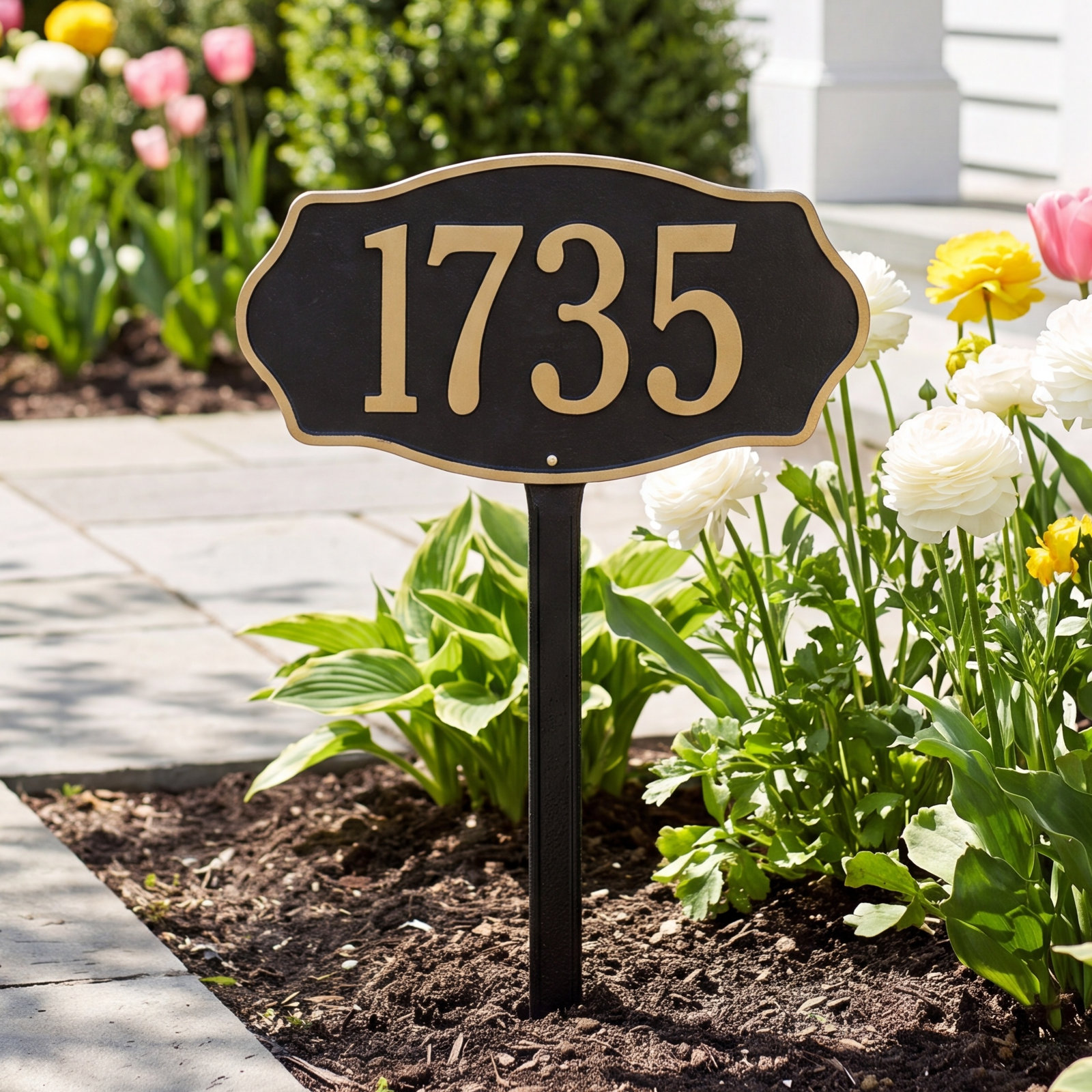 1-Line Lawn Address Sign, Black/Gold, Yes