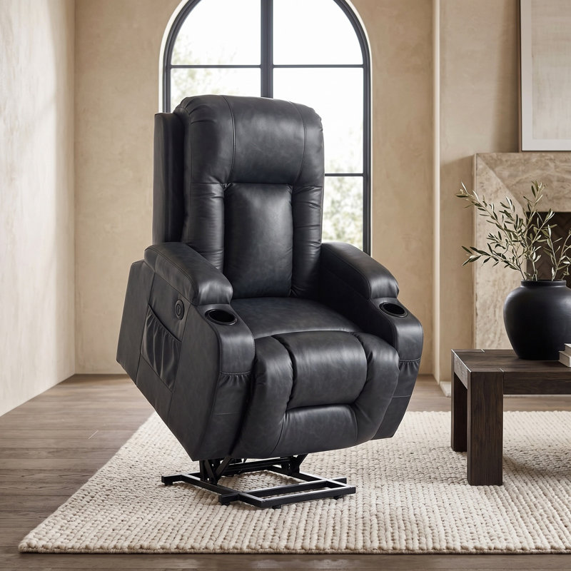 Fauteuil releveur électrique à positions infinies en similicuir gris foncé, supporte jusqu'à 159 kg, structure métallique robuste, massage par vibrations à 8 points, chauffage lombaire, port USB, porte-gobelets