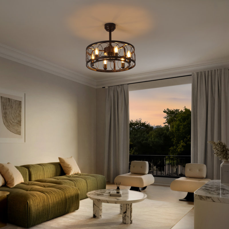 Ventilateur de plafond à cage en métal 6 lumières Celeste, Bronze frotté à l'huile