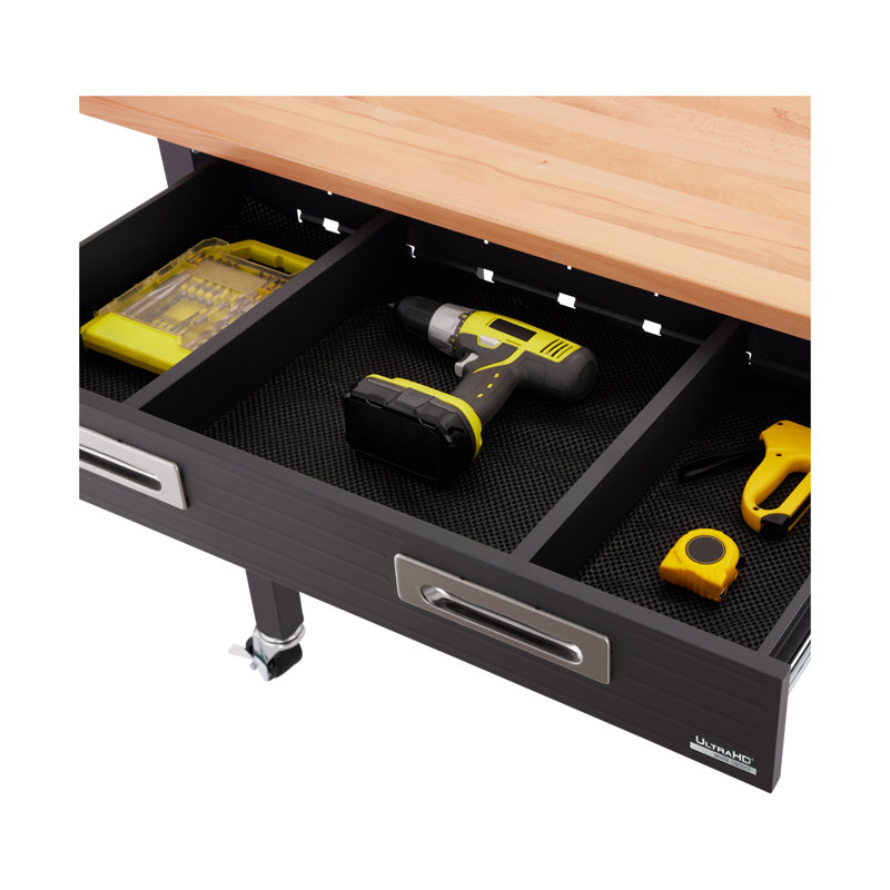 UltraGraphite Solid Wood Top Workbench on Wheels with Steel Drawer