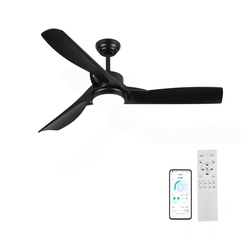 Ventilateur de plafond noir 52 pouces avec lumière, ventilateur de plafond avec 3 pales réversibles, 2 tiges verticales, télécommande à 6 vitesses