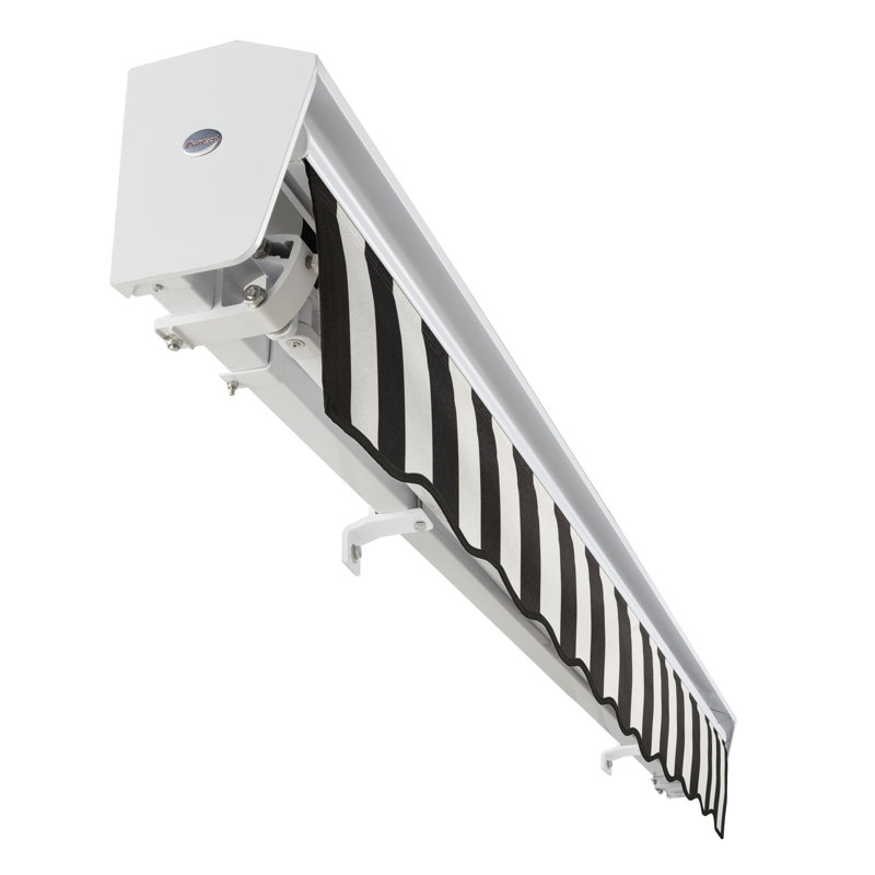Auvent de patio rétractable avec capuchon Awntech Destin, l 16 pi x P 10 pi, Moteur droit, Rayures noires et blanches