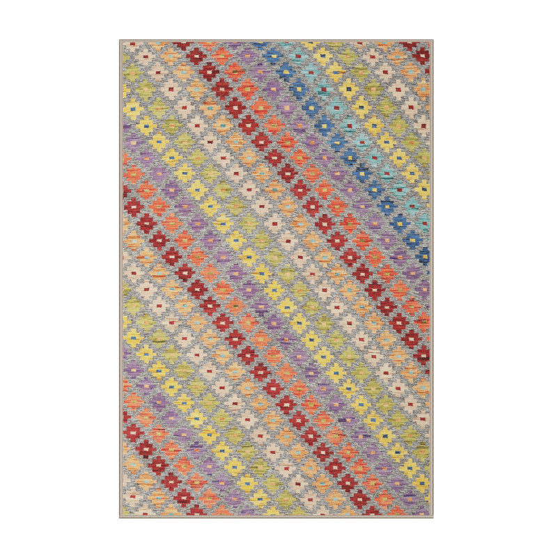 Tapis contemporain rouge / jaune / gris, Rectangle 2 pi x 4 pi