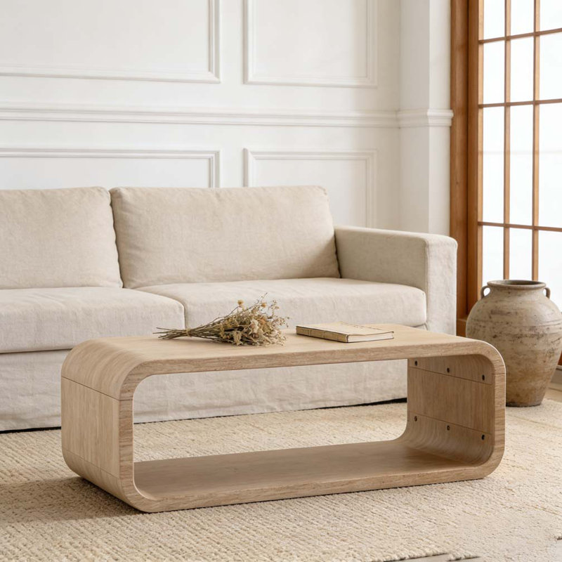 Modern Open-Frame Elegant Curved Light Wood Coffee Table, Light Oak