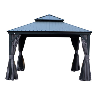 Pavillon de jardin 12 '' x 12 'avec toit double en résine et acier, pavillon extérieur en métal robuste avec système de drainage, rideaux d'intimité et moustiquaire pour patio et cour arrière