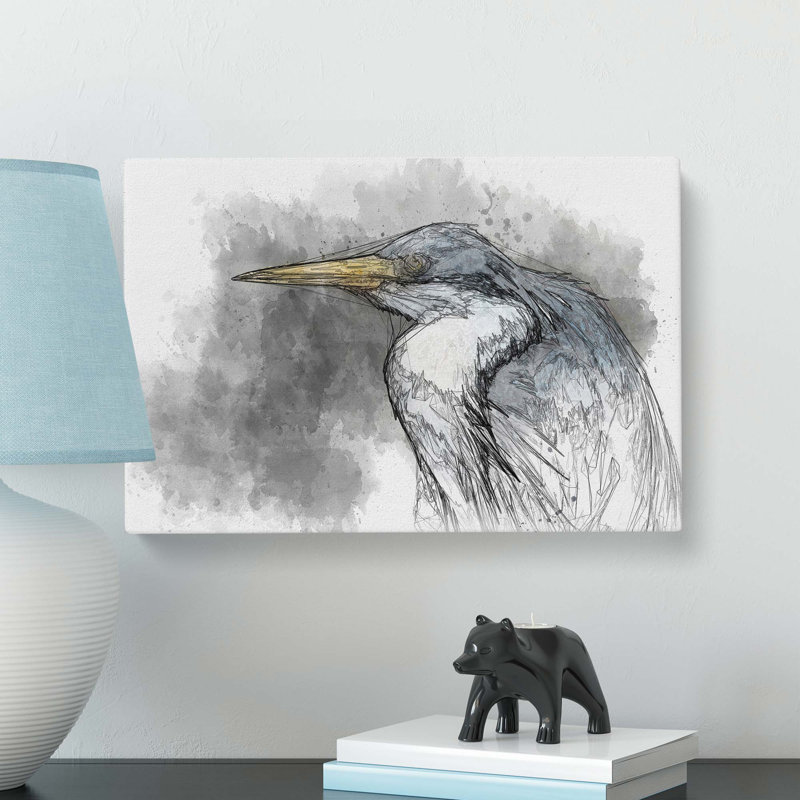 Pied Heron in Abstract - Wrapped Canvas Drawing - Wrapped Canvas, 60cm H x 91cm W x 3cm D