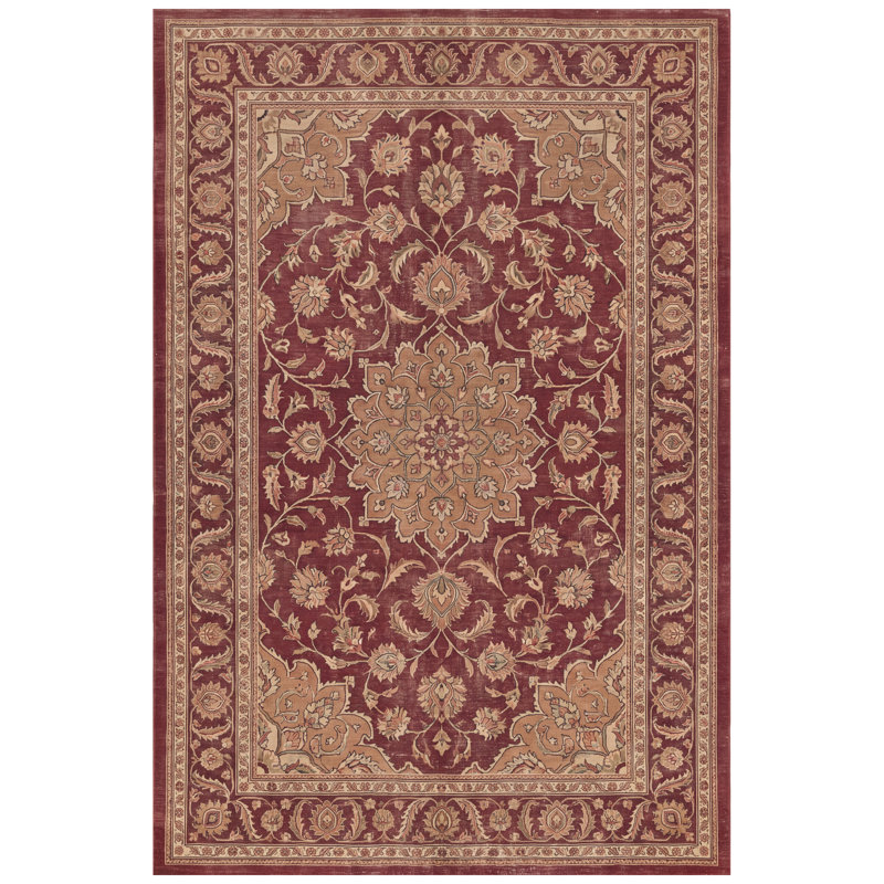 Tapis Basin2 traditionnel à médaillon délavé, style persan, bordeaux, cuivre, vert, crème, rose, lavable à la machine, antidérapant, à poils courts, pour l'intérieur et l'extérieur, adapté aux animaux domestiques, idéal pour le salon, la chambre, la salle à manger, l'entrée, le couloir ou le bureau.
