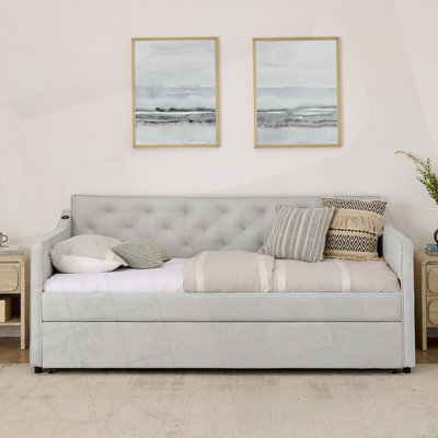 Mid-Century Button Tufted Daybed with Pull-Out Trundle