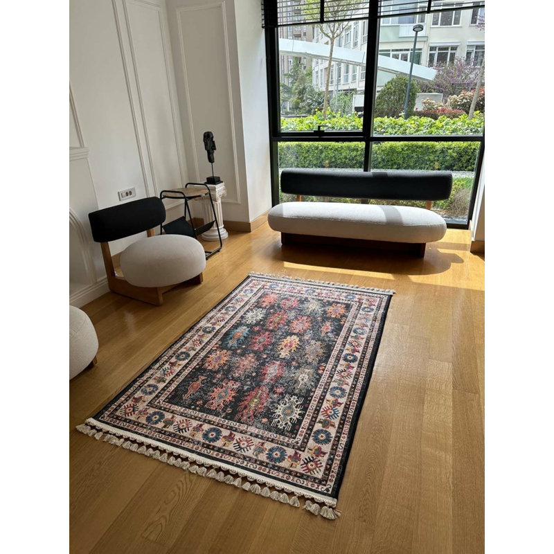 Coton imprimé marocain noir Toscana; Tapis chenille antidérapant, Rectangle 6 pi 7 po x 9 pi 10 po