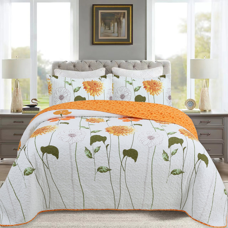 King Size Reversible Cotton Floral Quilt Bedspread Set