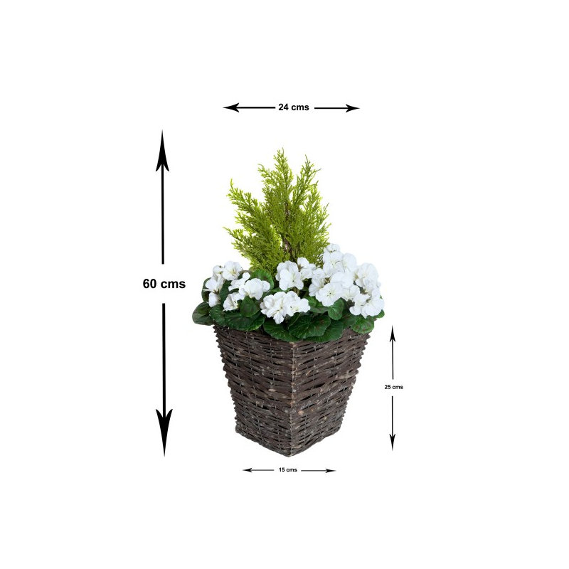 2x Artificial Rattan Patio Planters with Geraniums and Cedar Topiary, White