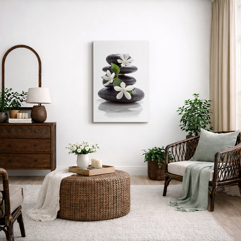 Zen Stones "Basalt with Calming Plumeria Flowers Artwork, Relaxing Spa Bathroom Pictures, Extra Large Framed Canvas Giclee Print Wall Art"