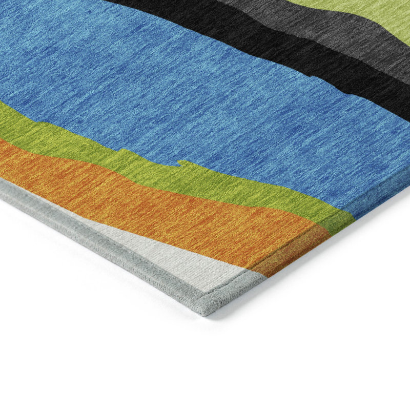 3' X 5' Denim Blue Copper And Green Abstract Washable Indoor Outdoor Area Rug