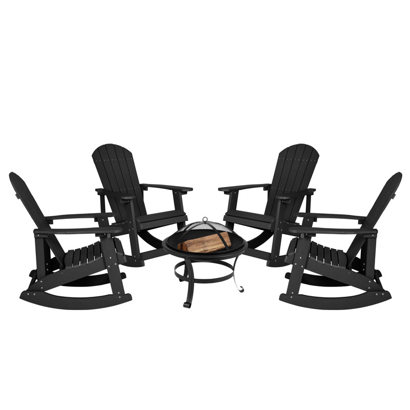 Ensemble de 4 chaises berçantes et foyer Adirondack en résine de polyester Longmire, Noir