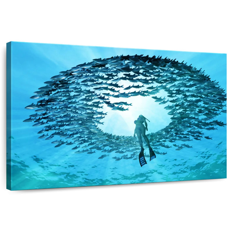 Senne plongeant avec des poissons, H 8 po x l 12 po