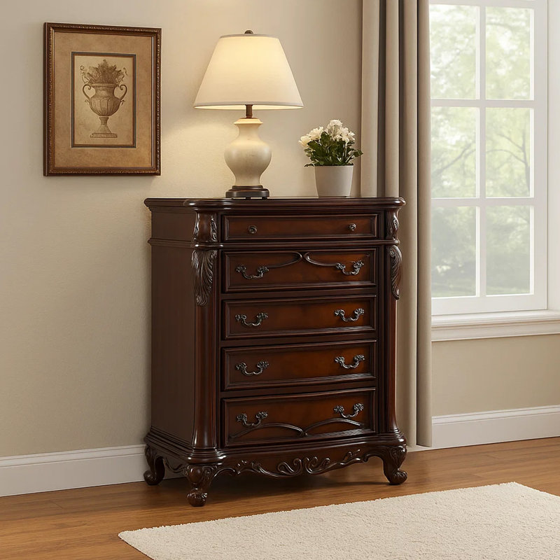 Commode haute 5 tiroirs Venta, bois sculpté brun cerise