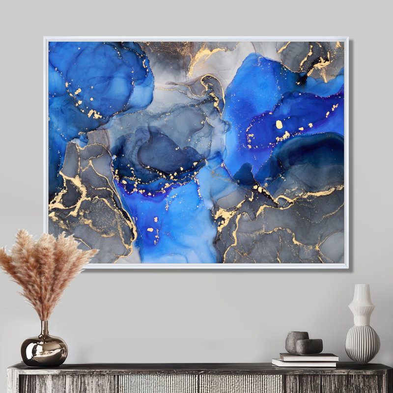 «Blue and Black Luxury Abstract Fluid Art I», reproduction d'art sur toile, H 24 po x l 32 po, Blanc