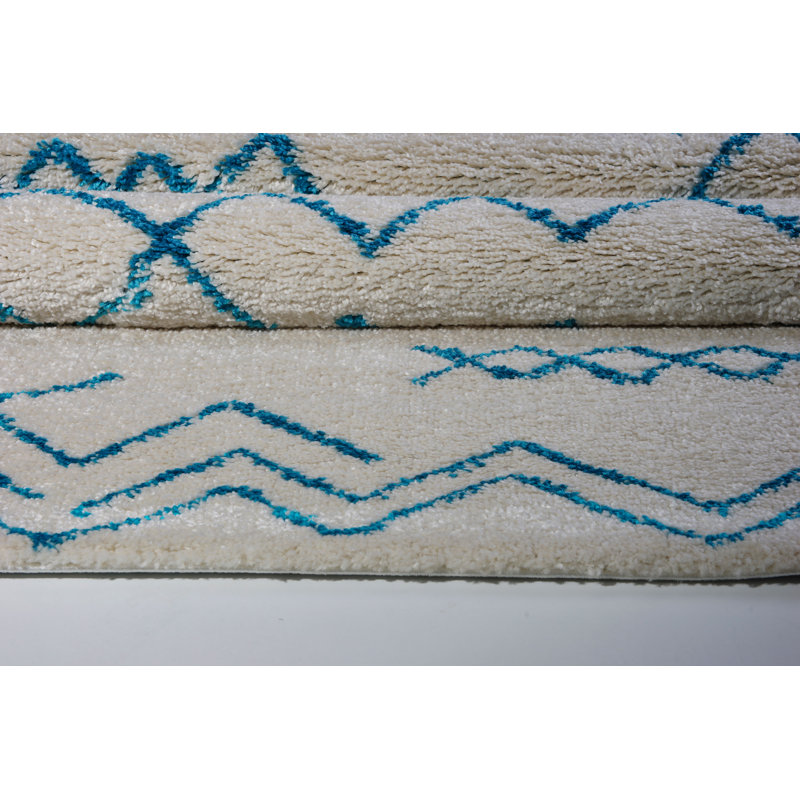 Chevron ivoire/tapis décoratif turquoise Jacoby, Rectangle 5 pi 2 po x 7 pi 5 po