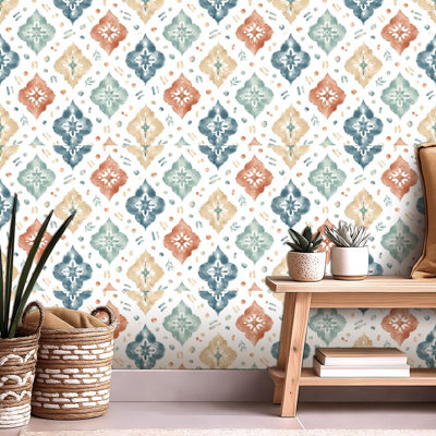 Papier peint auto-adhésif à motif de treillis marocain bleu brun beige auto-adhésif et amovible 24 po x 118 po (60 x 300 cm)