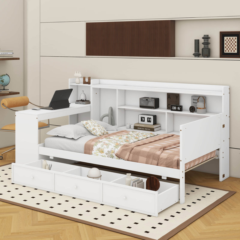 Lit de jour en bois avec tiroirs, ports USB et bureau, Lit simple, Blanc
