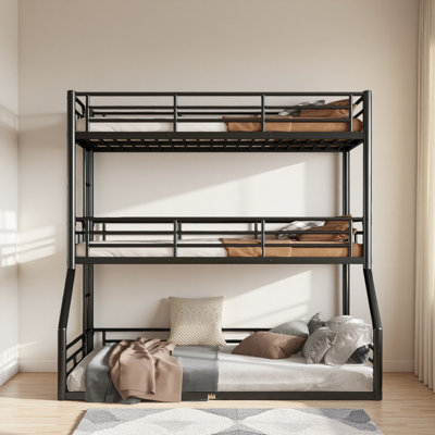 Twin Over Twin Over Full Bunk Bed, Metal Triple Bunk Bed With Safety Guardrails, Heavy-Duty Bunk Bed With Noise-Reduced Design