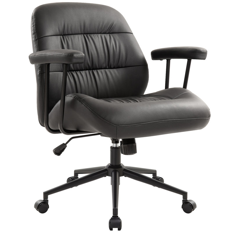 Black Office Chair, Pu Leather Ergonomic Desk Chair With Armrests, Mid-century Modern Executive Task Chairs, Height Adjustable